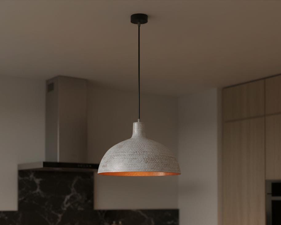 White Hammered Pendant Light with Copper Interior