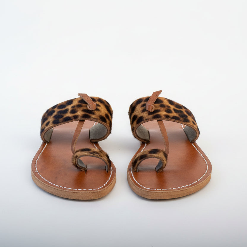 Leopard Print Leather Flat Sandals for Women – Handmade Slip-On Summer Slides