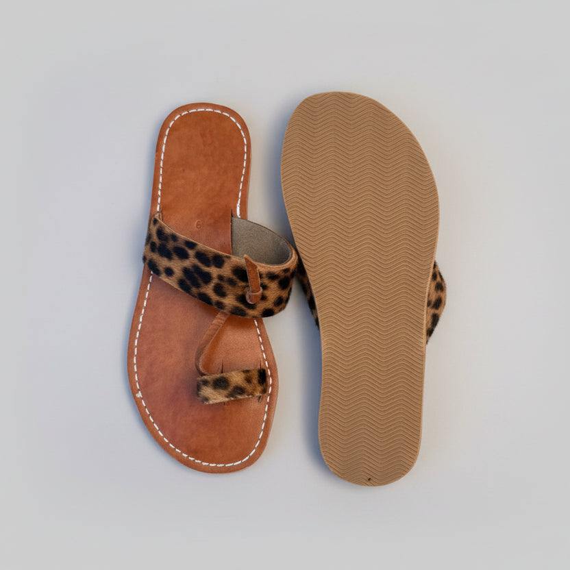 Leopard Print Leather Flat Sandals for Women – Handmade Slip-On Summer Slides