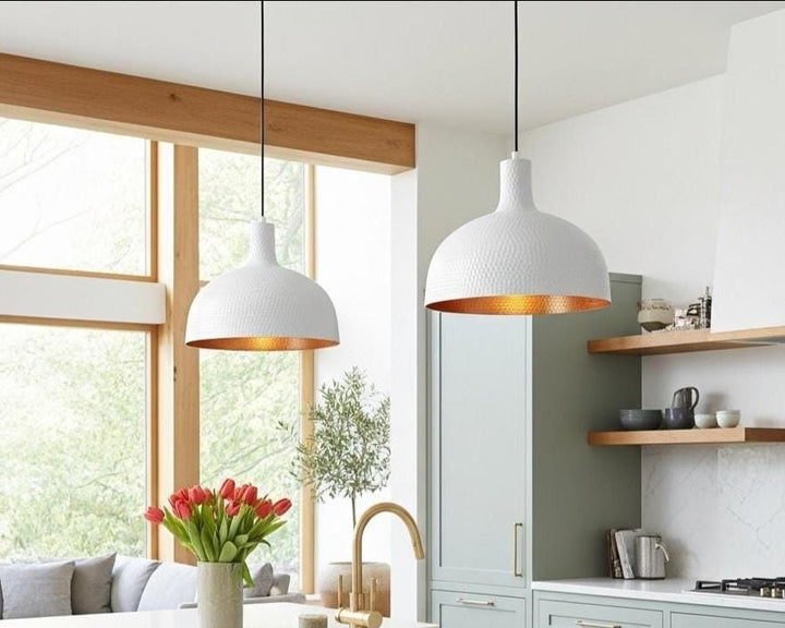 White Painted Brass Dome Pendant Light