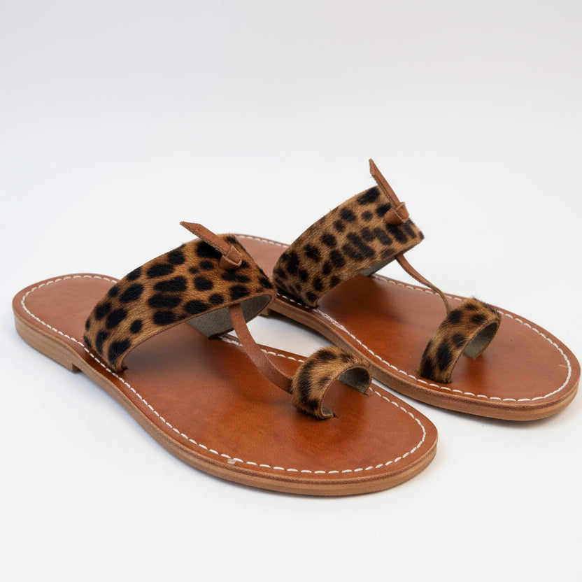 Leopard Print Leather Flat Sandals for Women – Handmade Slip-On Summer Slides