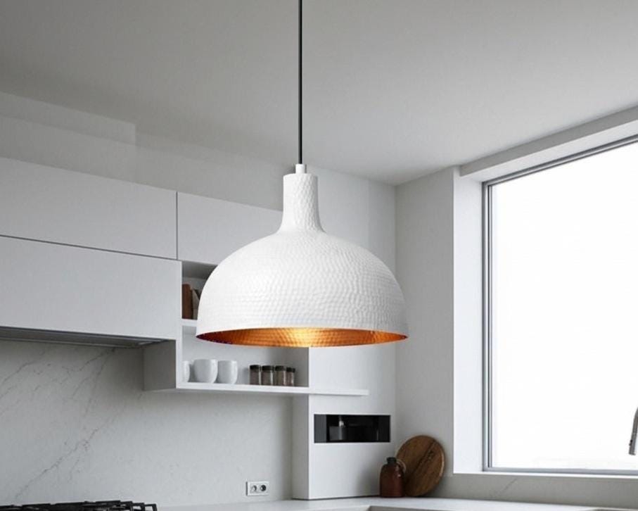 White Painted Brass Dome Pendant Light