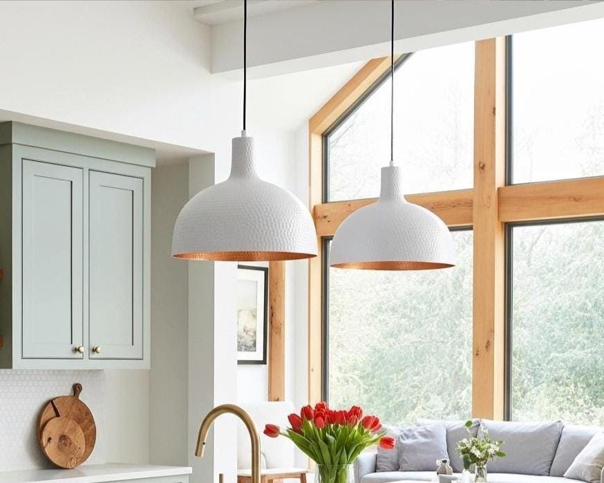White Painted Brass Dome Pendant Light