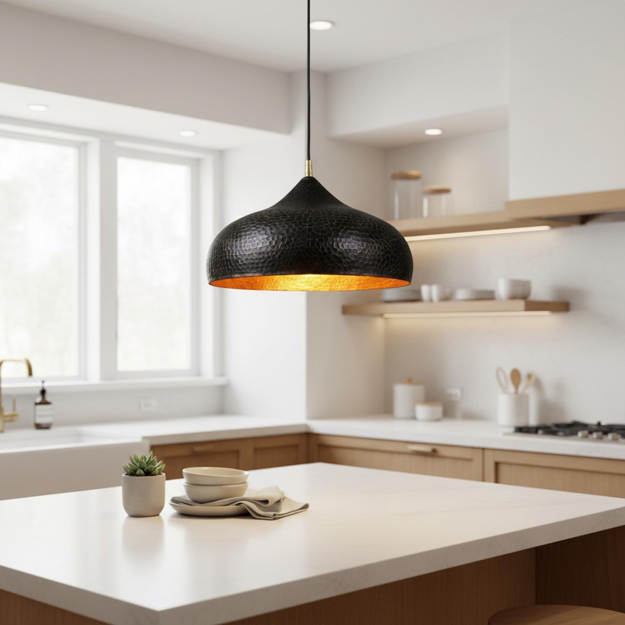 Black and Gold Hammered Dome Pendant Light