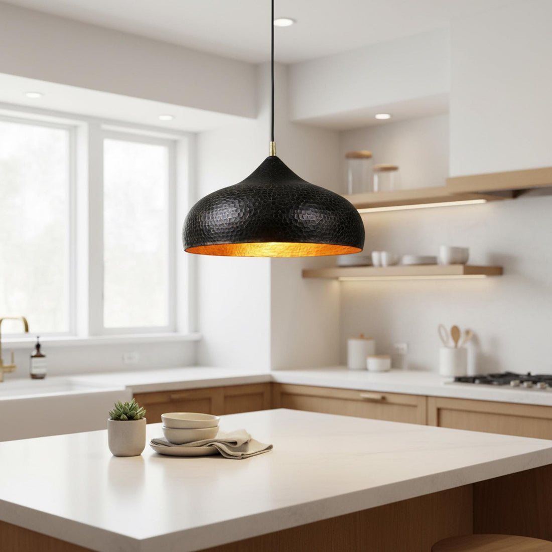 Black and Gold Hammered Dome Pendant Light