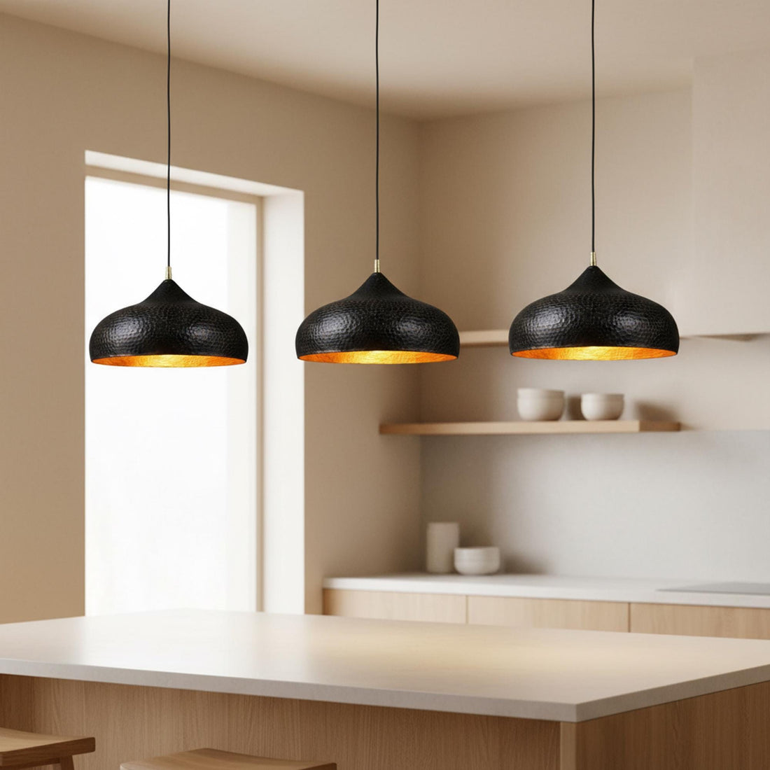 Black and Gold Hammered Dome Pendant Light