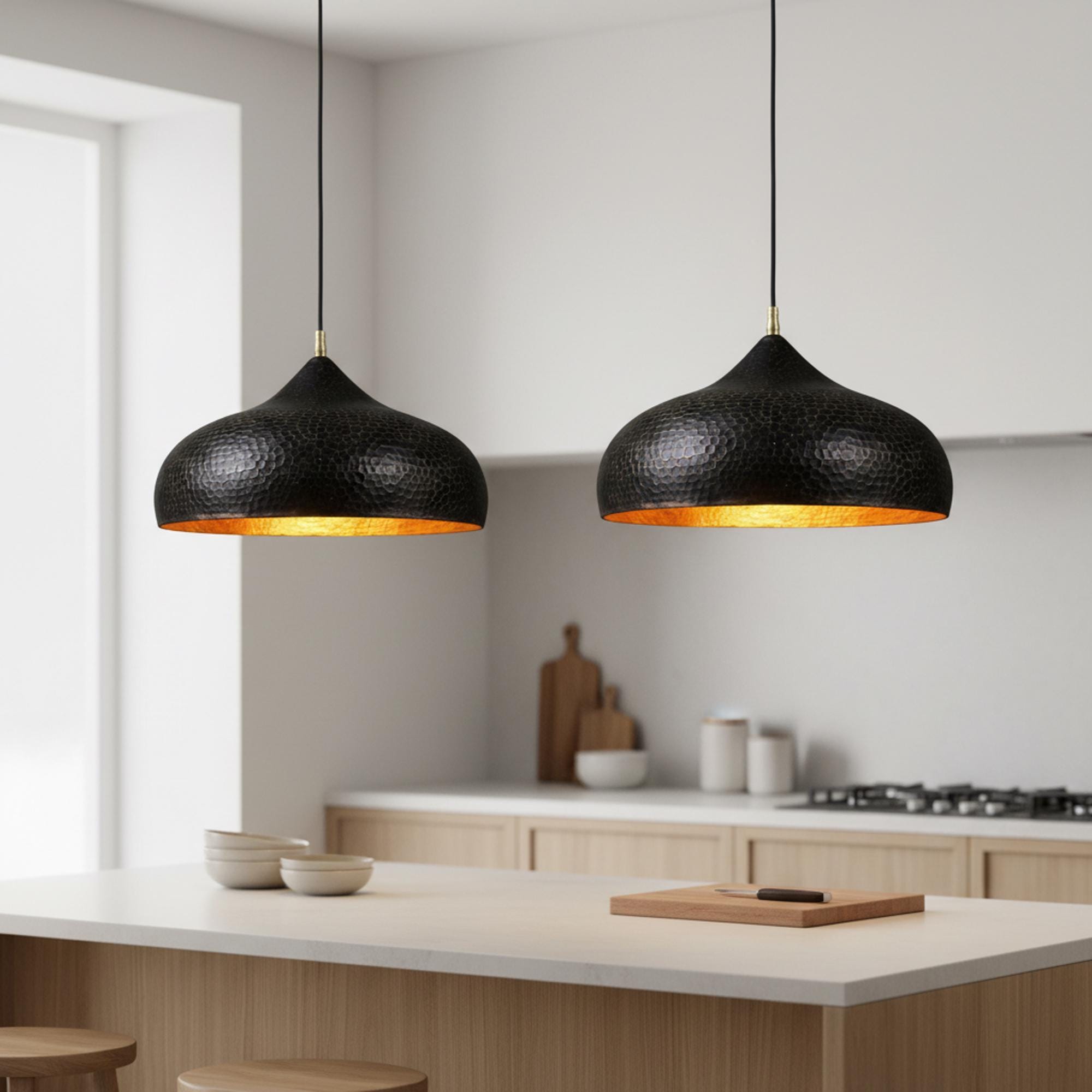 Black and Gold Hammered Dome Pendant Light