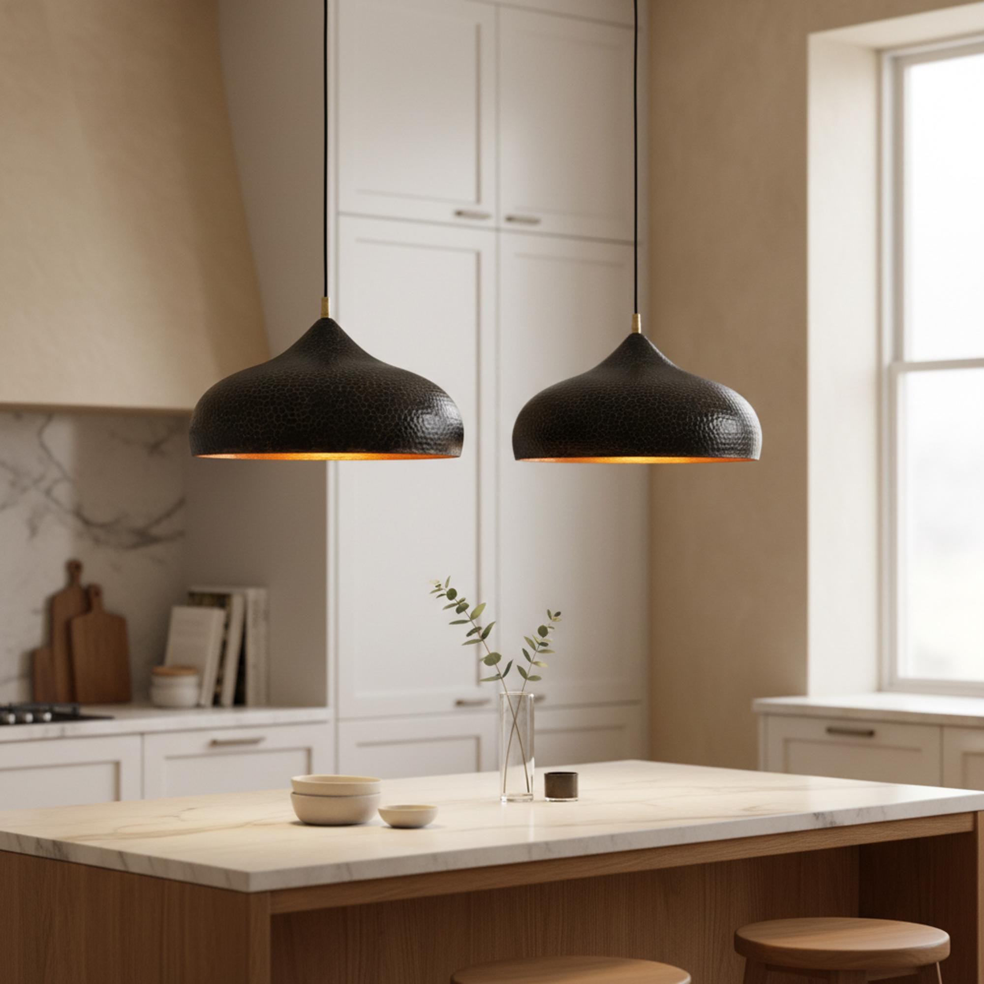 Black and Gold Hammered Dome Pendant Light