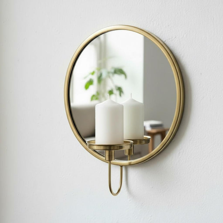 Set of 2 Round Brass Mirror Candle Holders, Minimal Wall Sconces, Vintage Pair