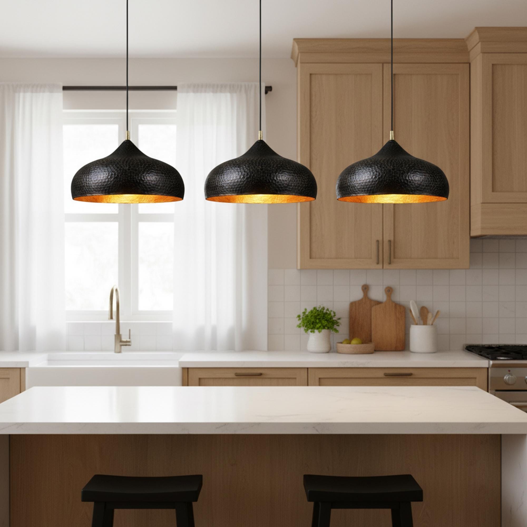 Black and Gold Hammered Dome Pendant Light
