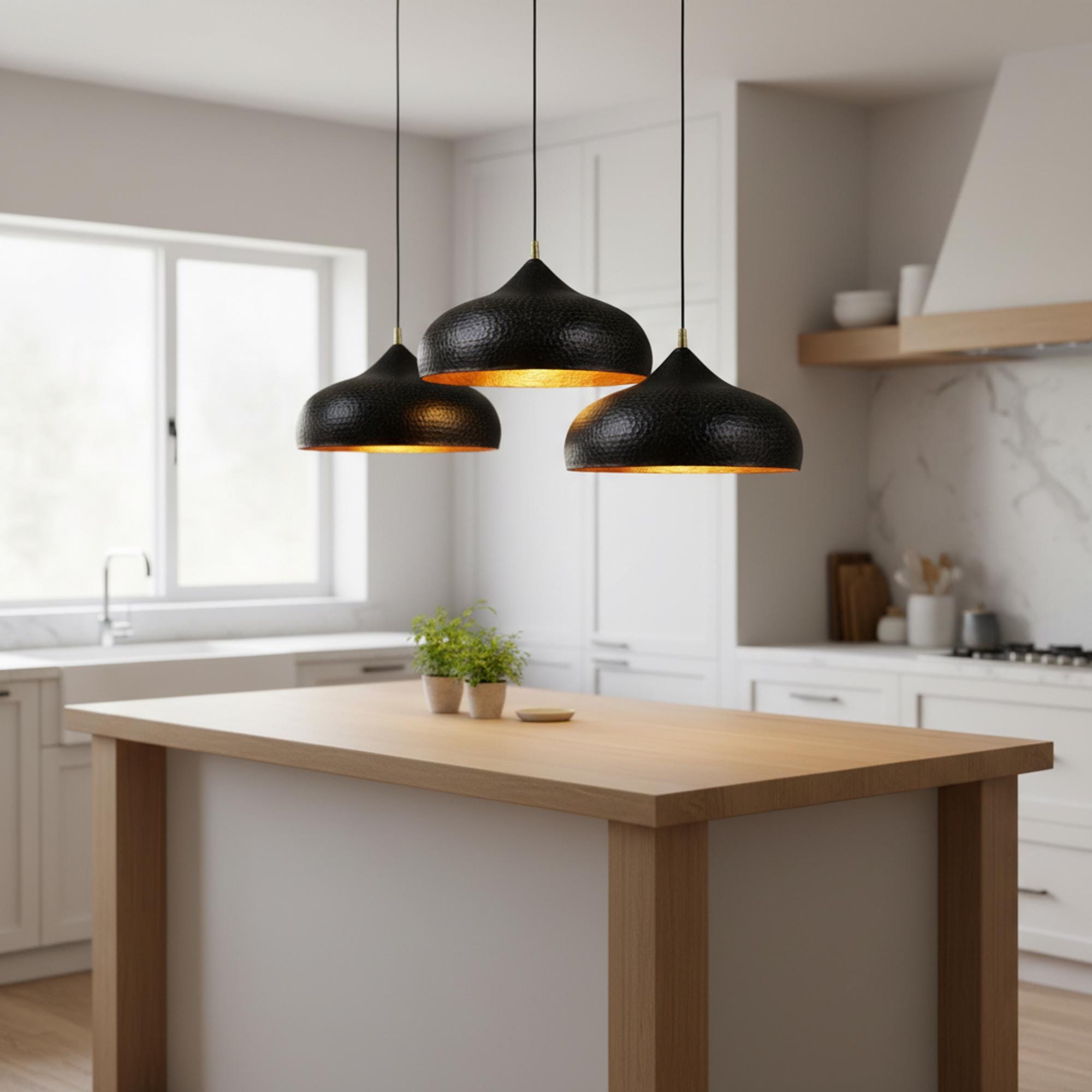 Black and Gold Hammered Dome Pendant Light
