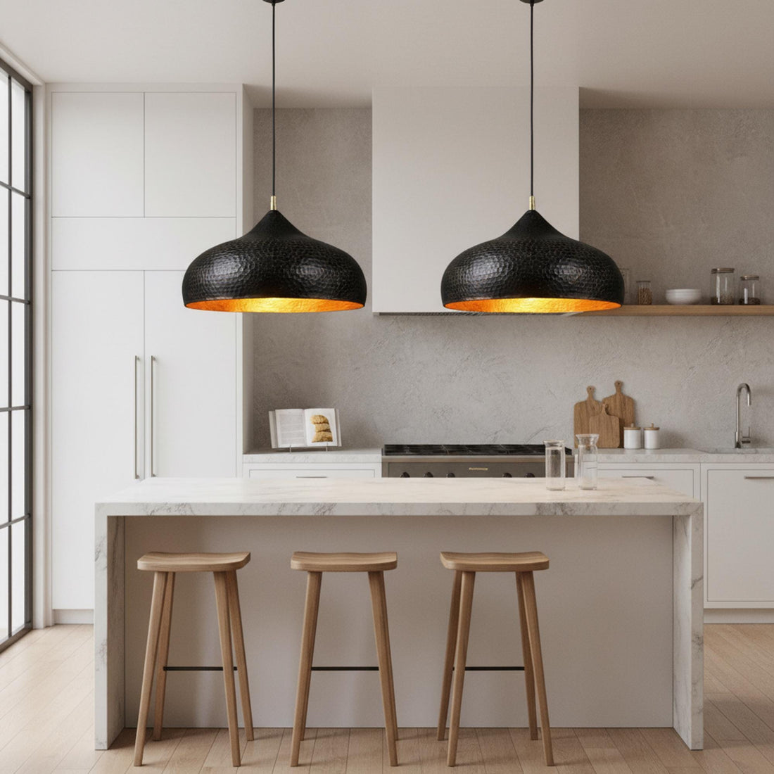 Black and Gold Hammered Dome Pendant Light
