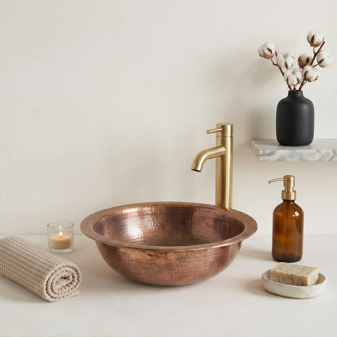 Antique Hammered Copper Round Vessel Sink