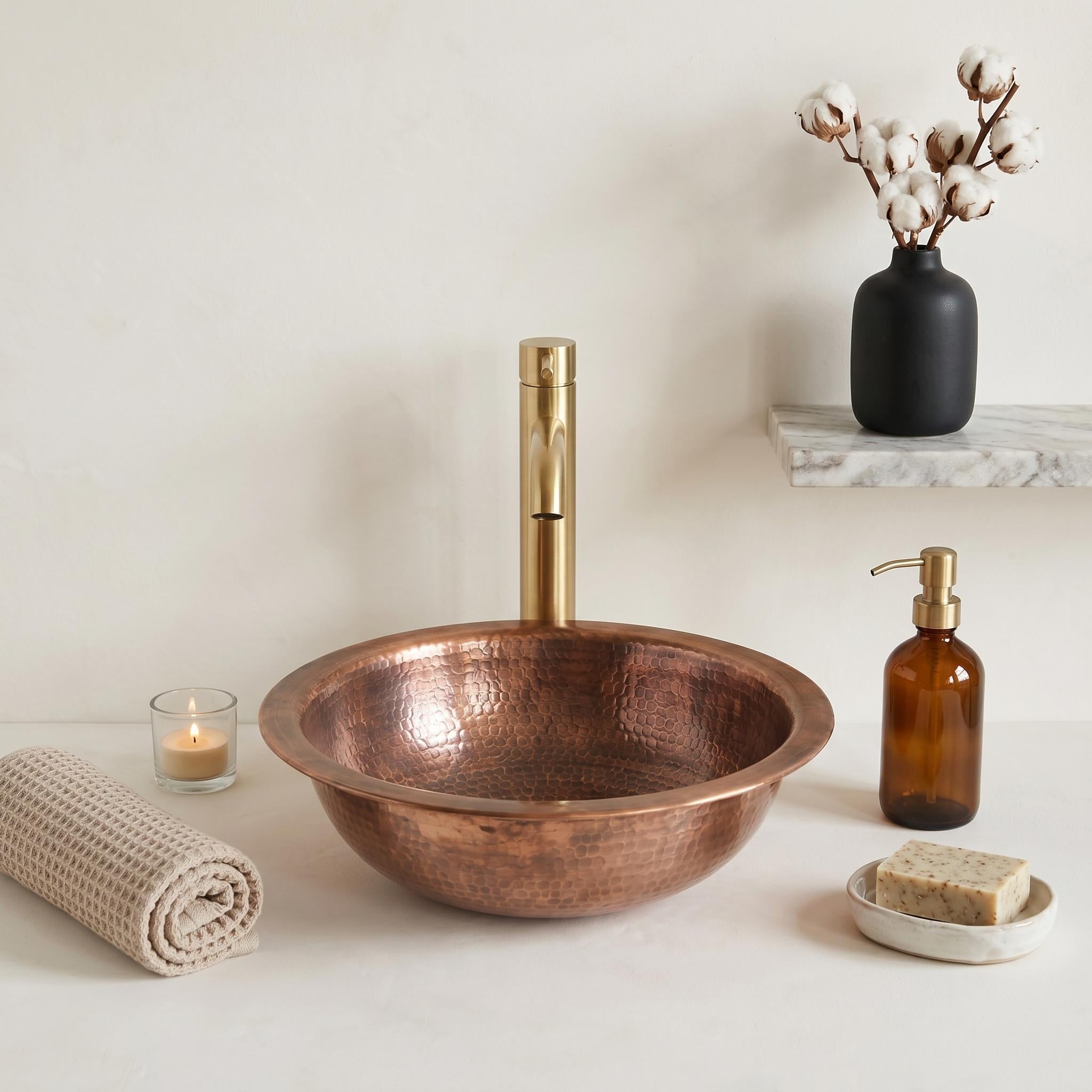 Antique Hammered Copper Round Vessel Sink