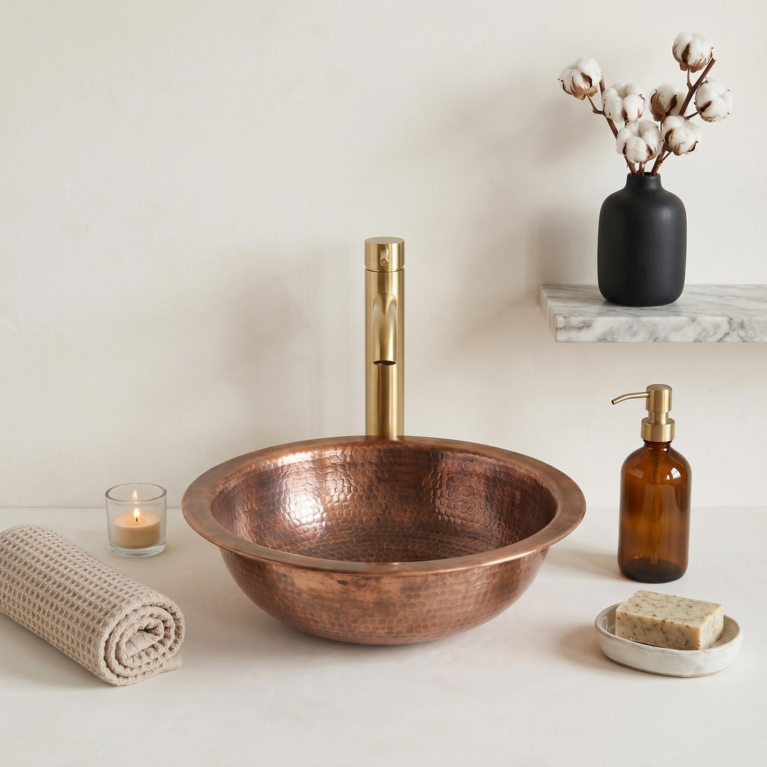 Antique Hammered Copper Round Vessel Sink