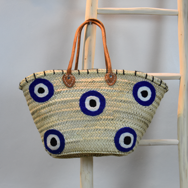 Multi Blue Evil Eye Straw Tote Bag