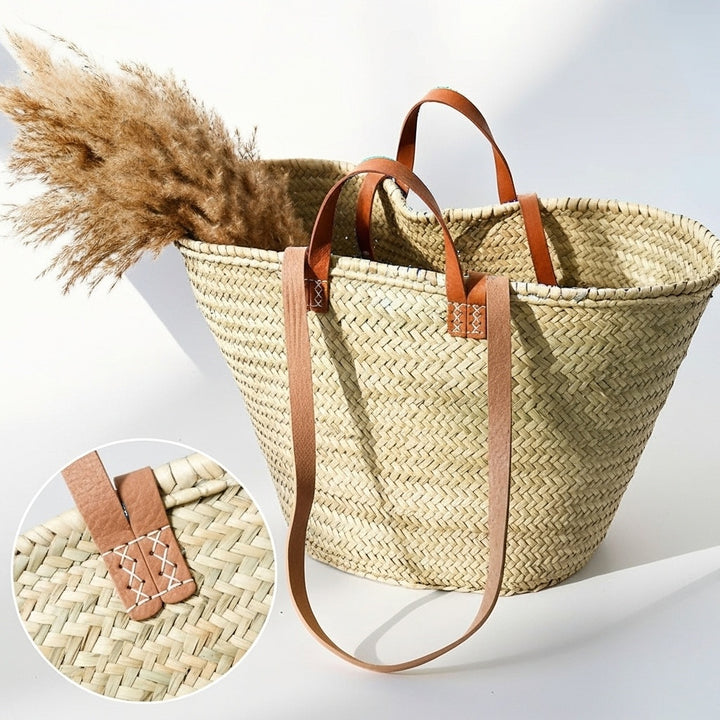 Handmade Straw Bag with Leather Handles, French Market Bag