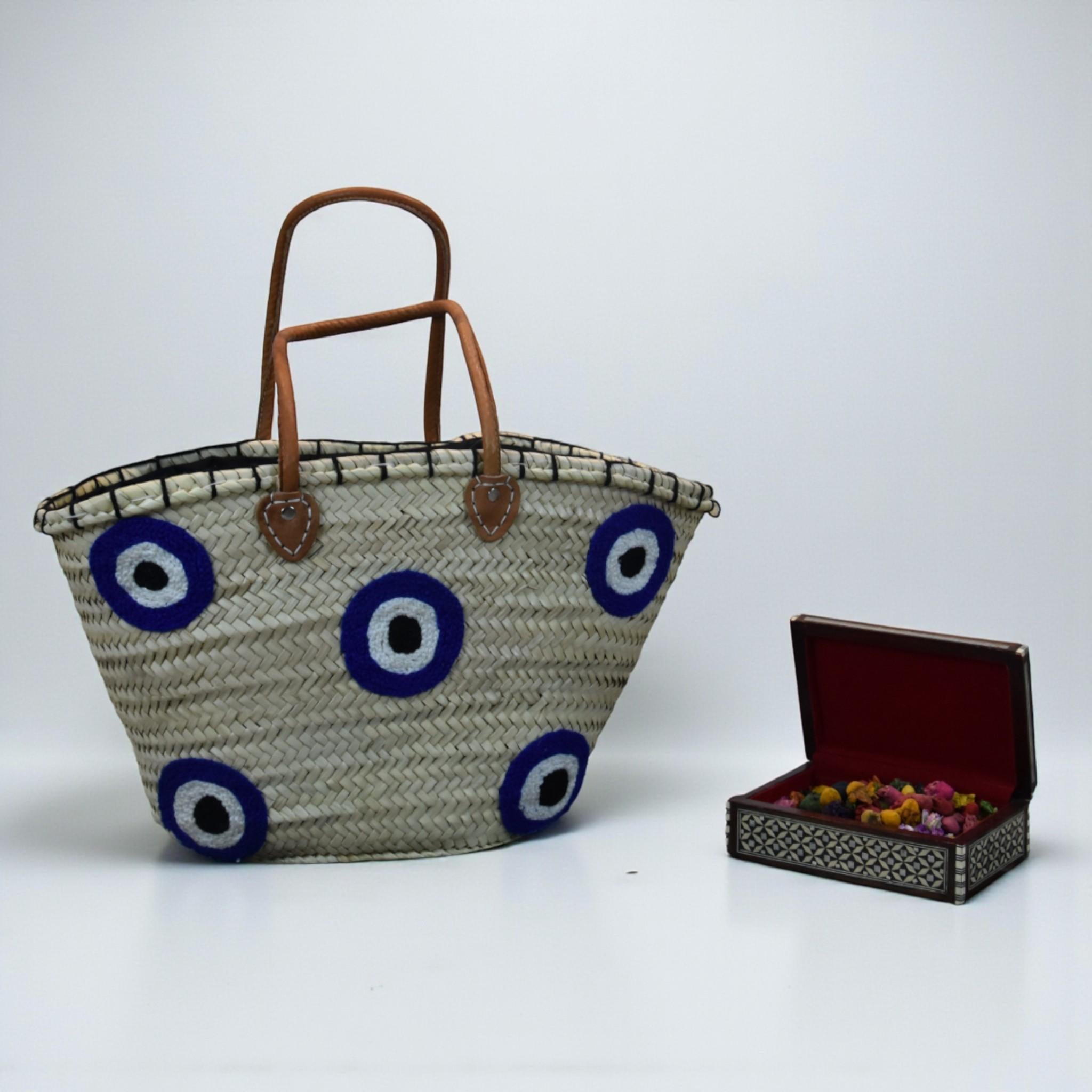 Multi Blue Evil Eye Straw Tote Bag