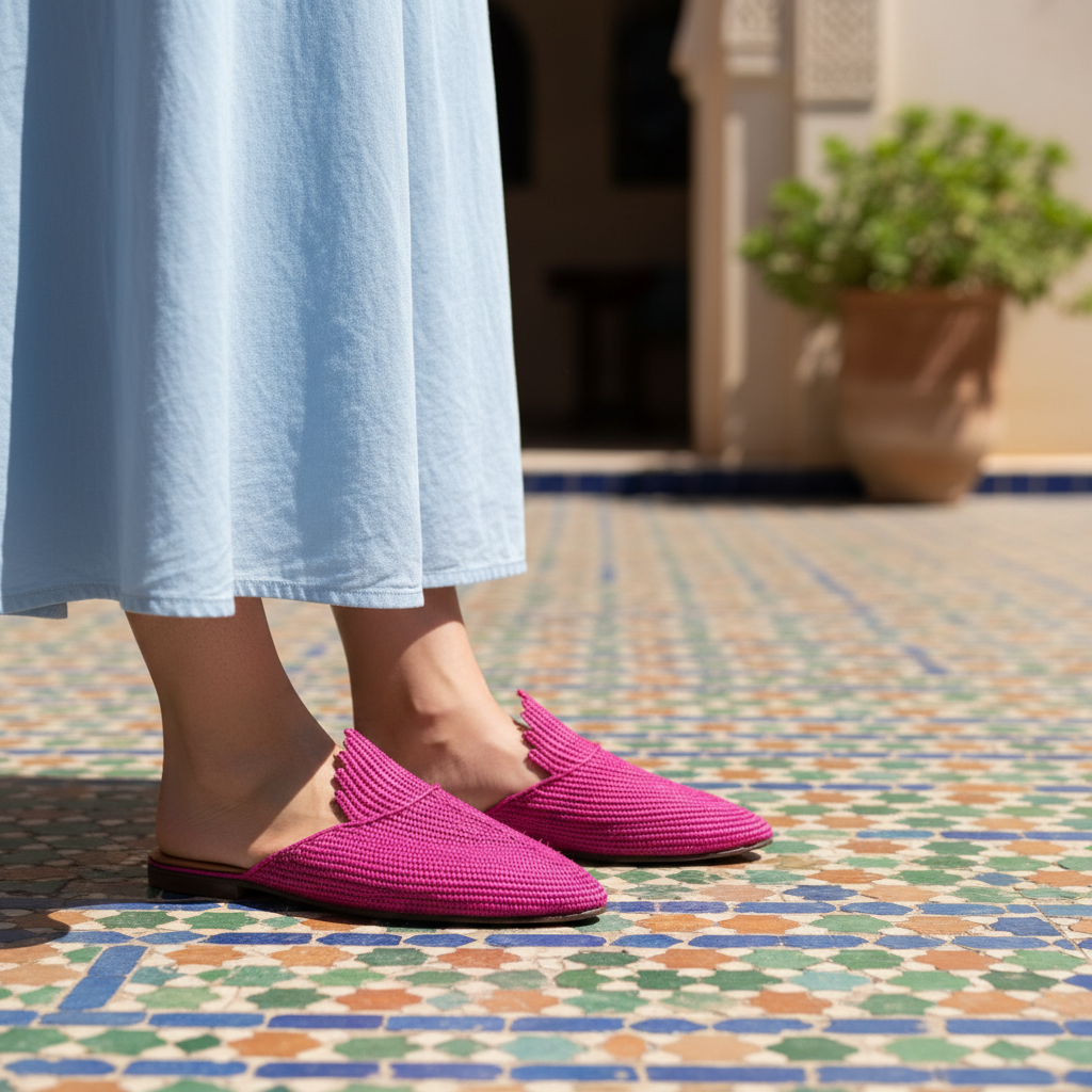 Fuchsia Woven Raffia Slide Mules