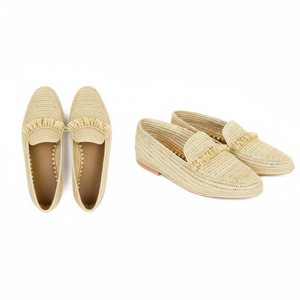 Natural Woven Raffia Fringe Loafers