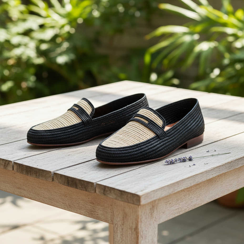 Two-Tone Raffia Loafers — Handwoven Black & Natural