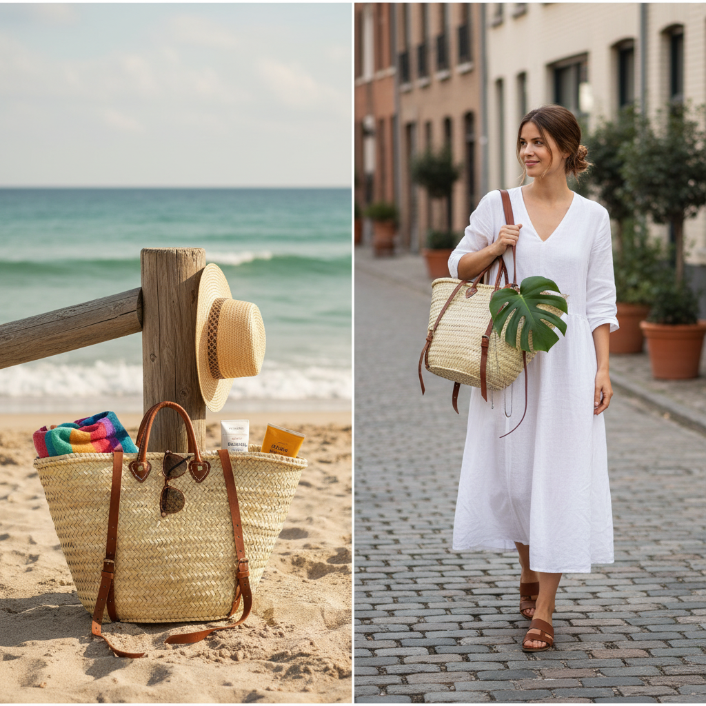 Straw Bag Handmade Leather, French Market Basket Backpack