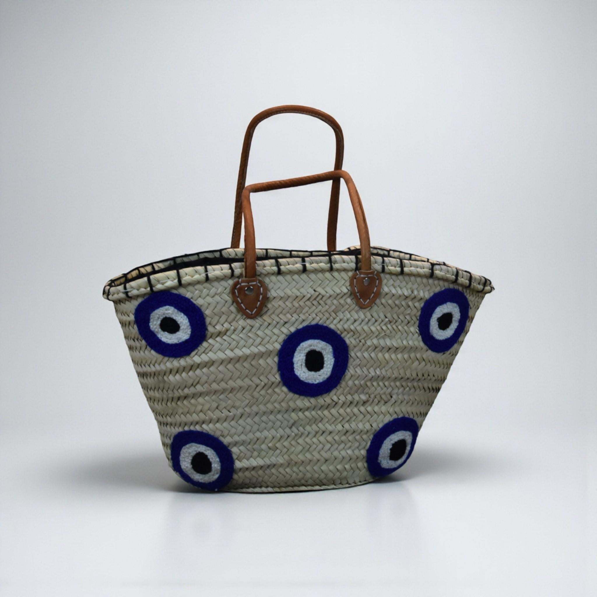 Multi Blue Evil Eye Straw Tote Bag