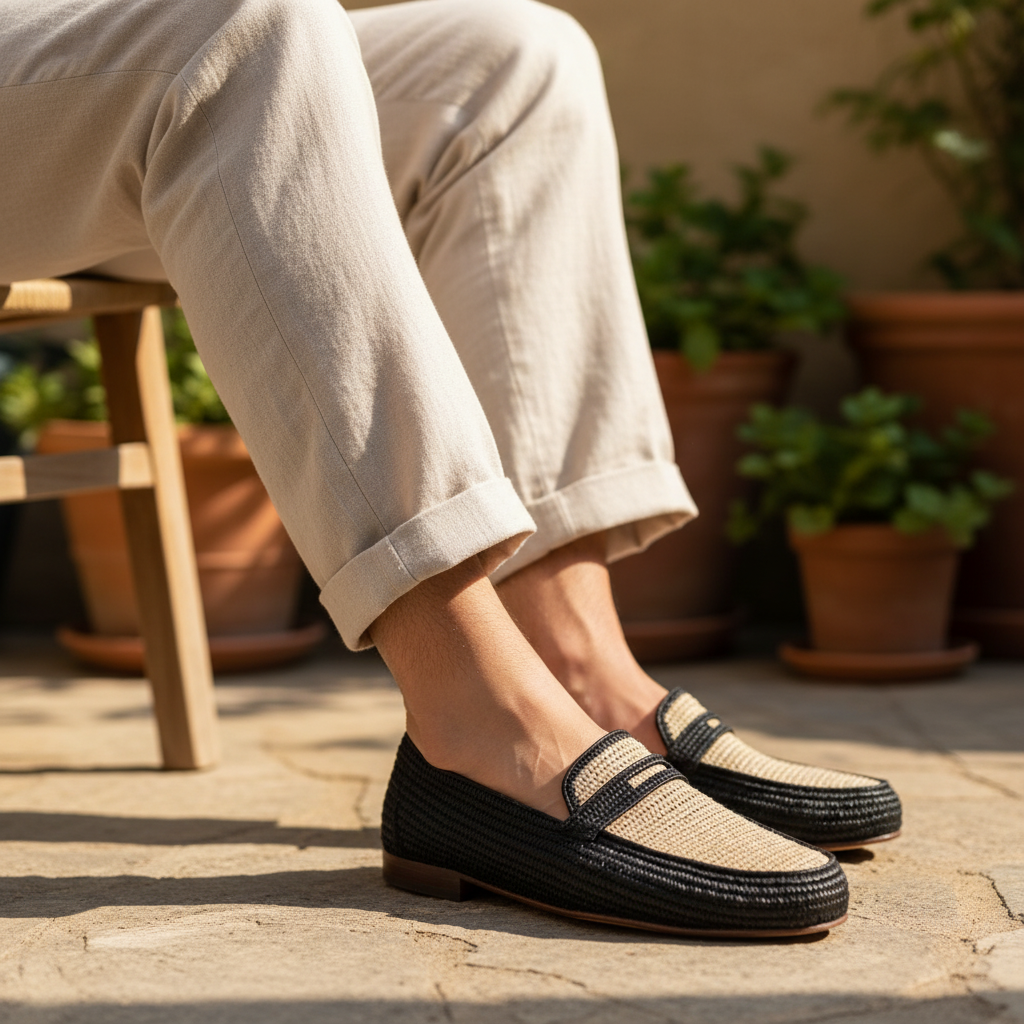 Two-Tone Raffia Loafers — Handwoven Black & Natural