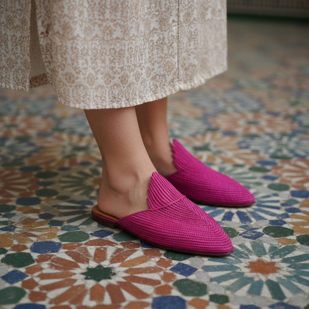 Fuchsia Woven Raffia Slide Mules