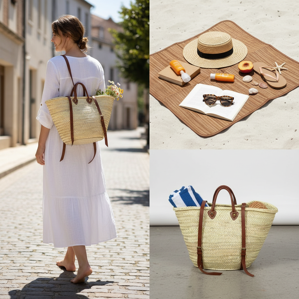 Straw Bag Handmade Leather, French Market Basket Backpack