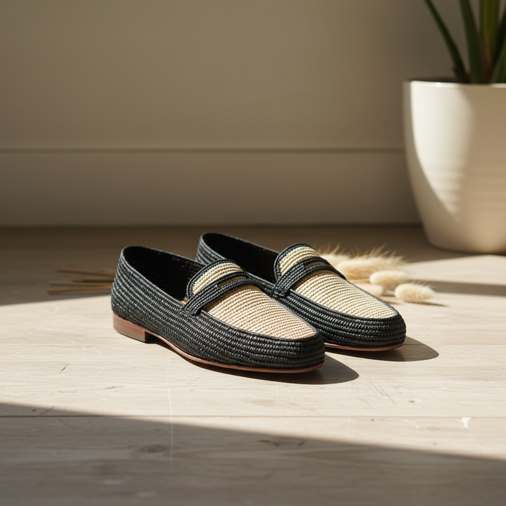 Two-Tone Raffia Loafers — Handwoven Black & Natural