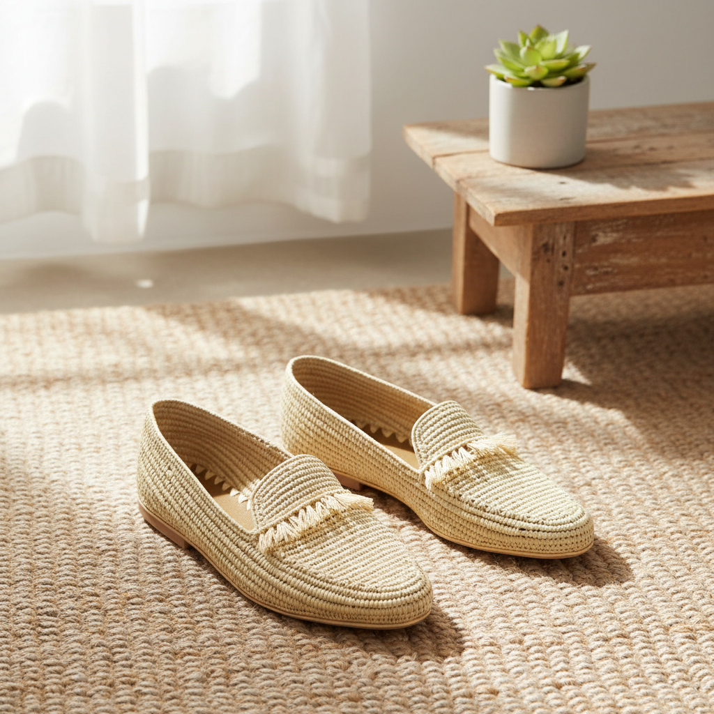 Natural Woven Raffia Fringe Loafers