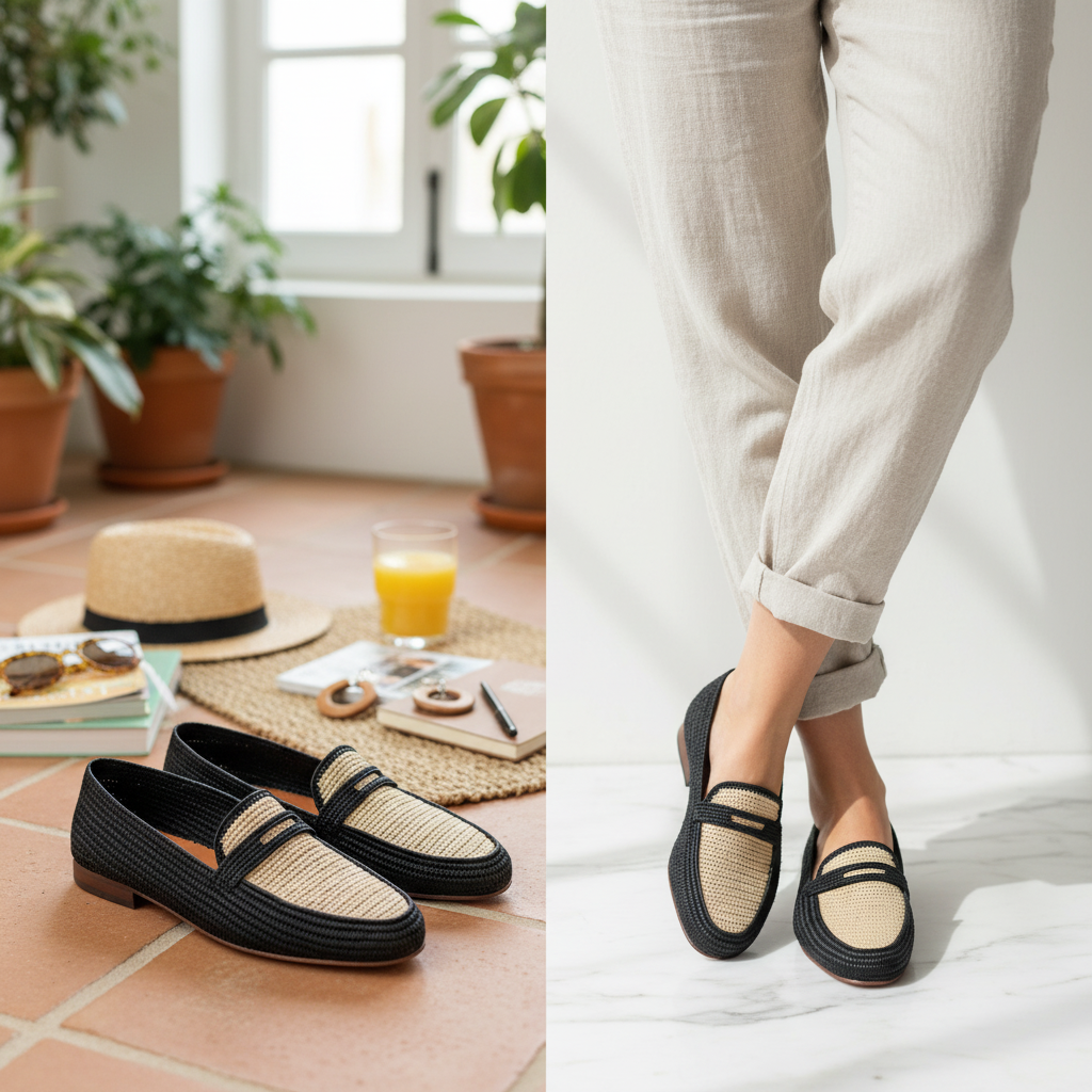 Two-Tone Raffia Loafers — Handwoven Black & Natural