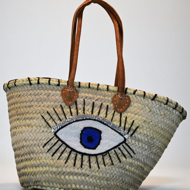 Blue Evil Eye Straw Tote Bag