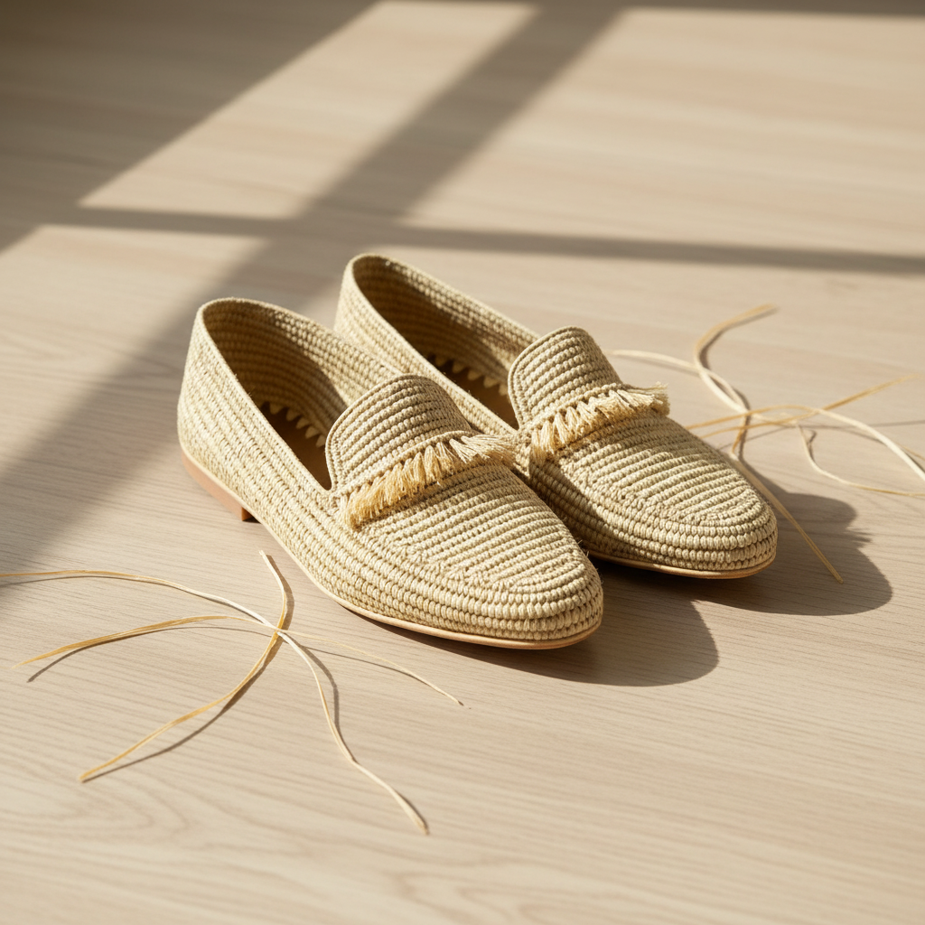 Natural Woven Raffia Fringe Loafers