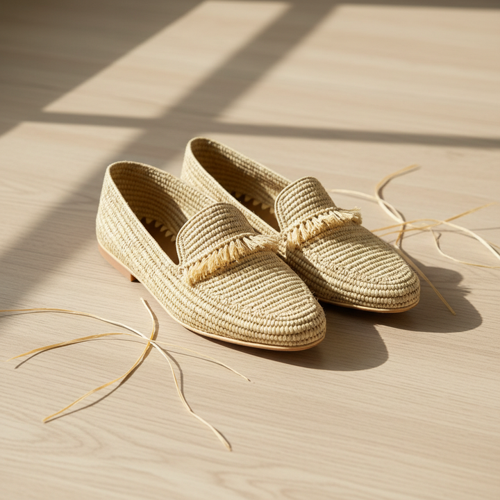 Natural Woven Raffia Fringe Loafers