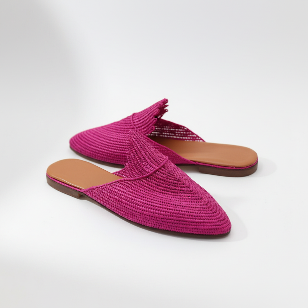 Fuchsia Woven Raffia Slide Mules