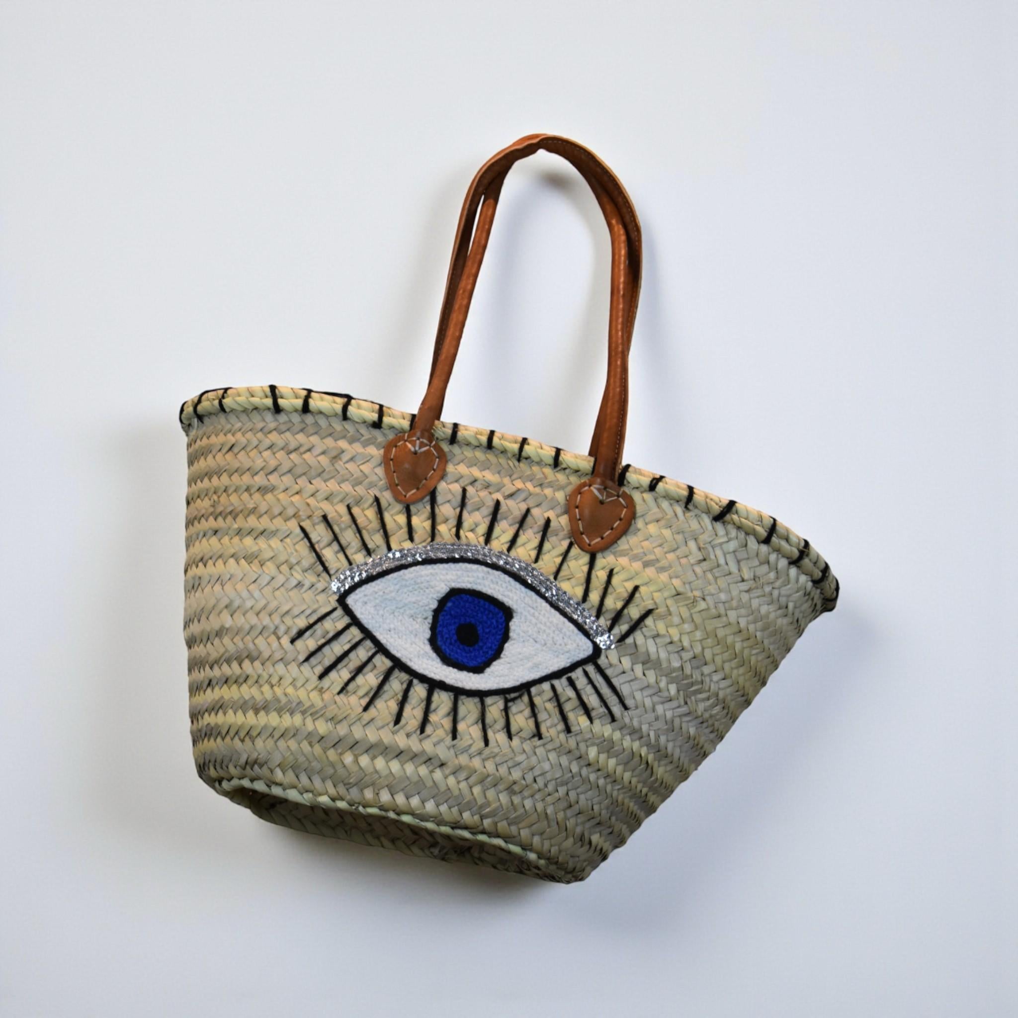 Blue Evil Eye Straw Tote Bag