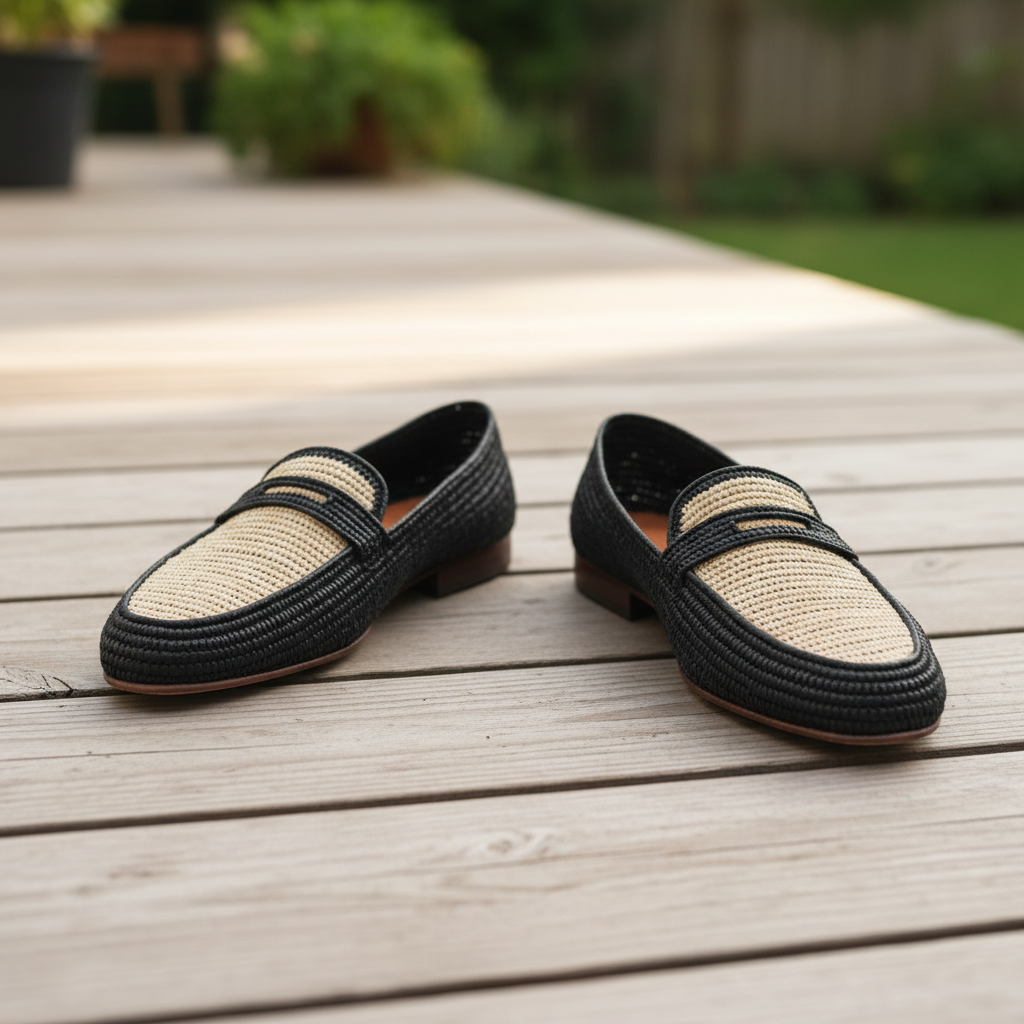 Two-Tone Raffia Loafers — Handwoven Black & Natural
