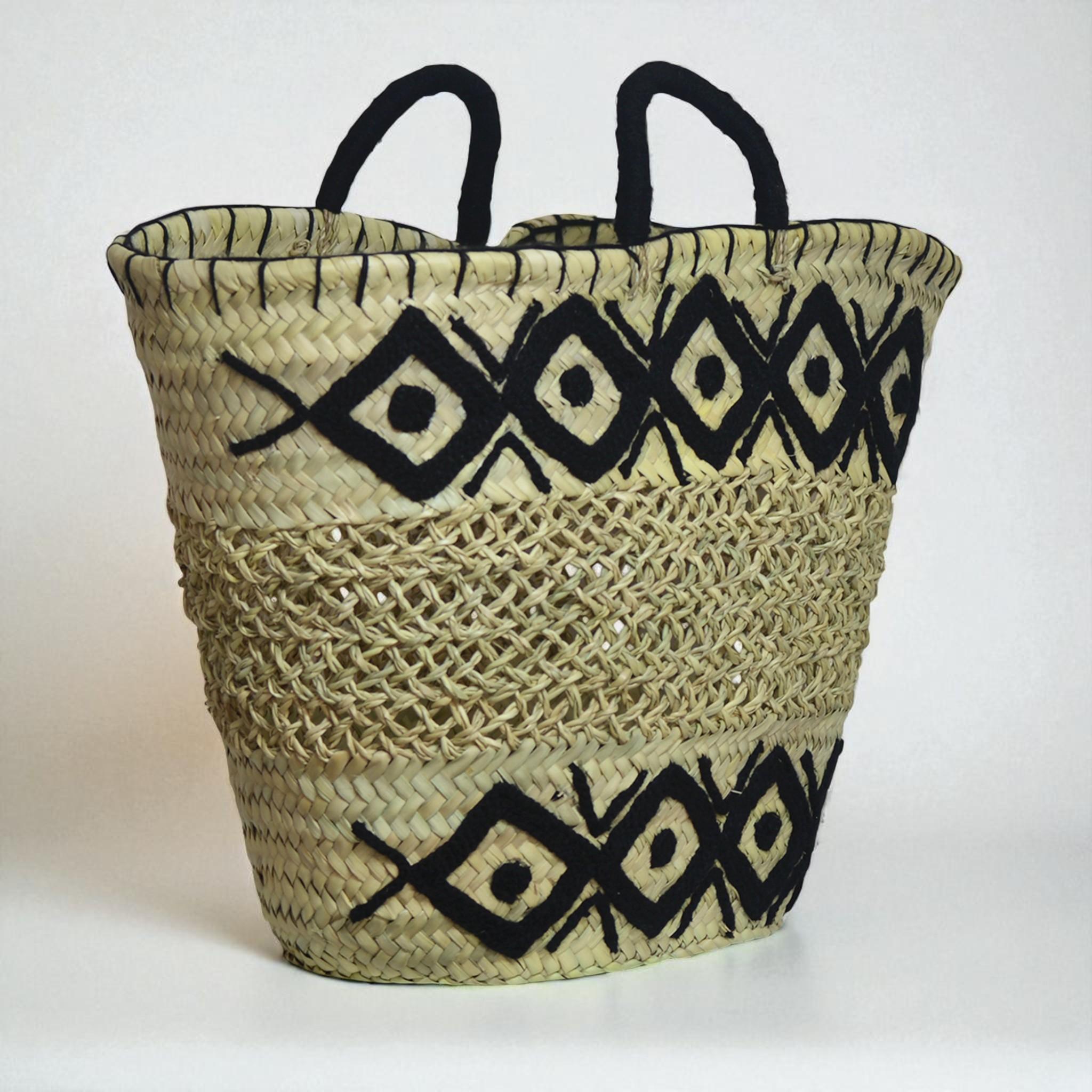 Black Tribal Woven Straw Tote Bag