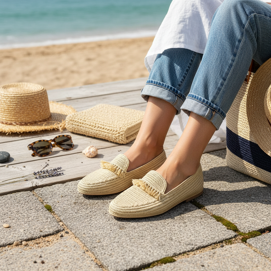 Natural Woven Raffia Fringe Loafers