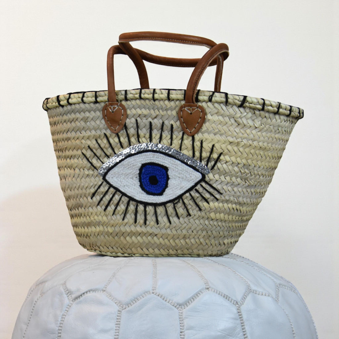 Blue Evil Eye Straw Tote Bag