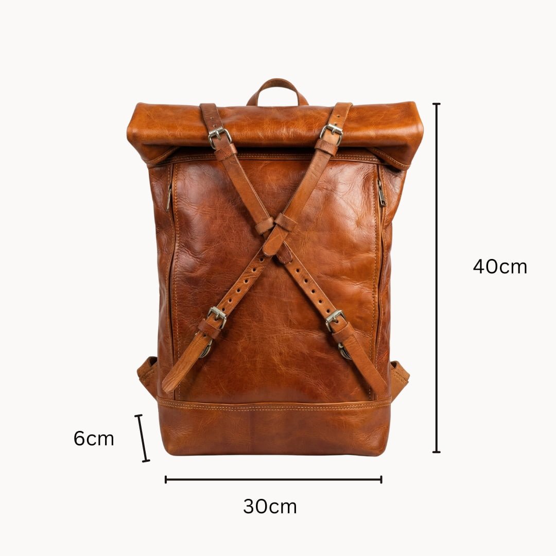 Roll Top Leather Backpack – Handmade Minimalist Travel Bag