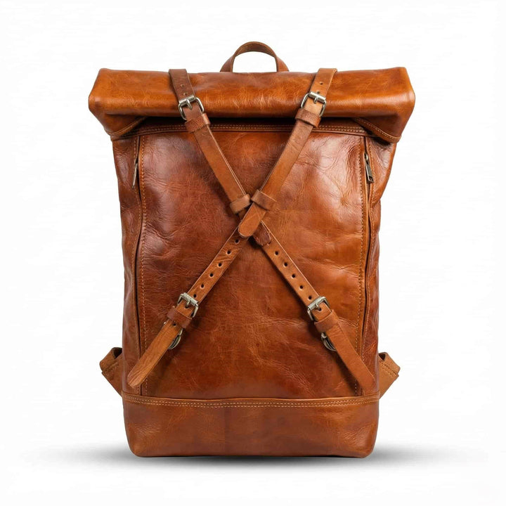 Roll Top Leather Backpack – Handmade Minimalist Travel Bag