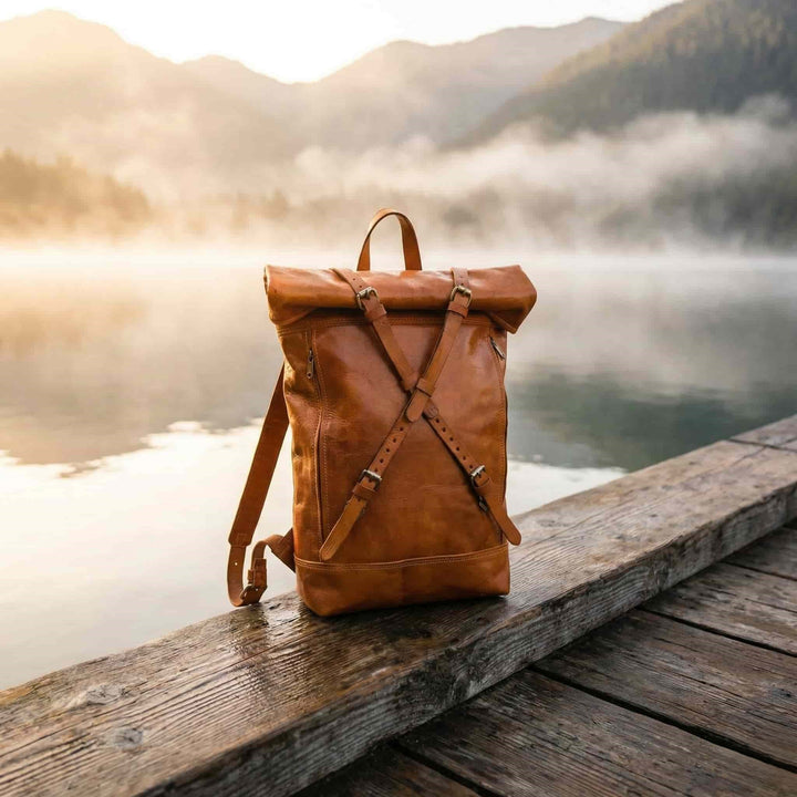 Roll Top Leather Backpack – Handmade Minimalist Travel Bag