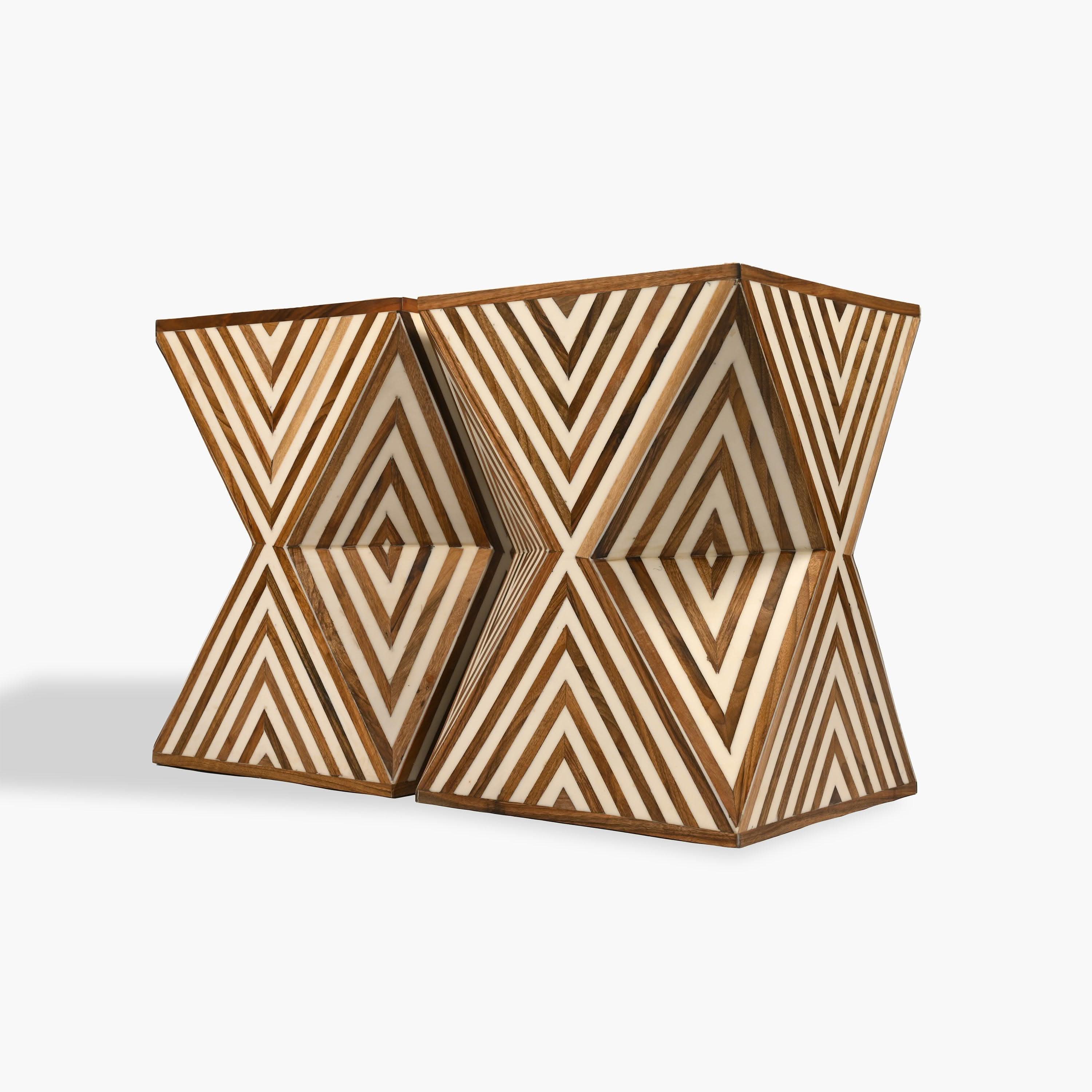 Square brown walnut and resin side table artisan design
