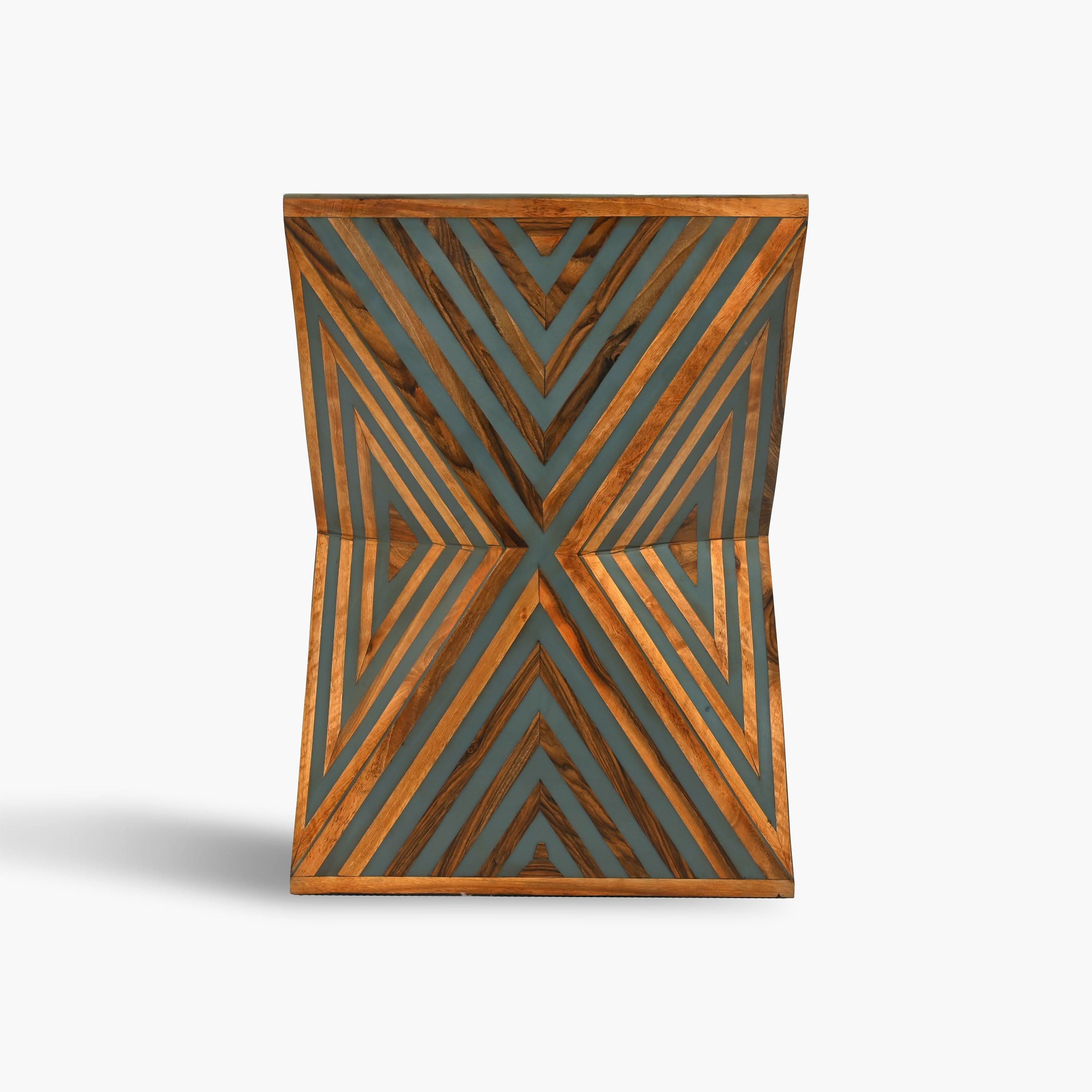 Handcrafted gray square walnut and resin side table detail