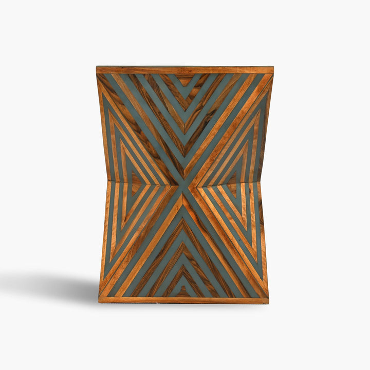 Handcrafted gray square walnut and resin side table detail